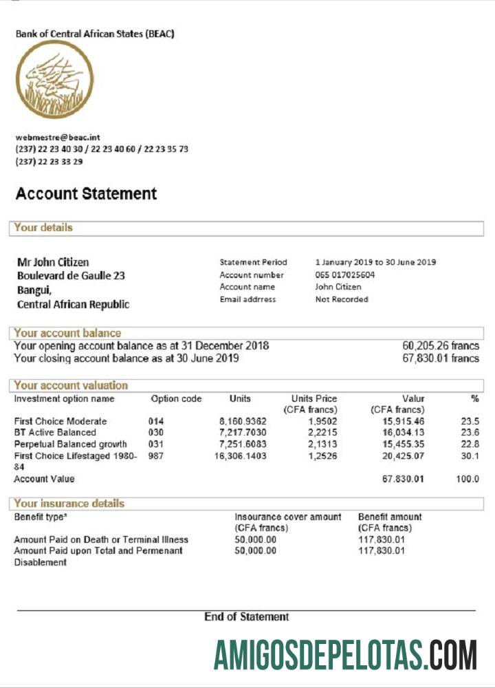 Modelo de extrato bancário em branco do Banco dos Estados da África Central (BEAC) da República Centro-Africana